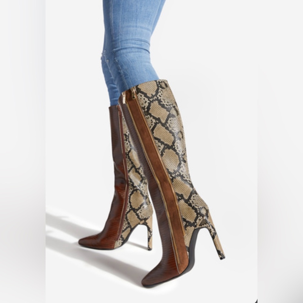 Snakeskin and Brown Leather Knee-High Boots